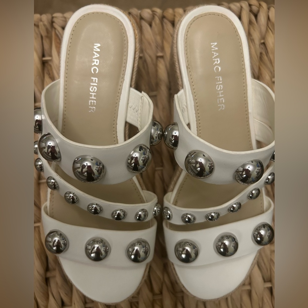 Marc Fisher White Studded Leather Mules